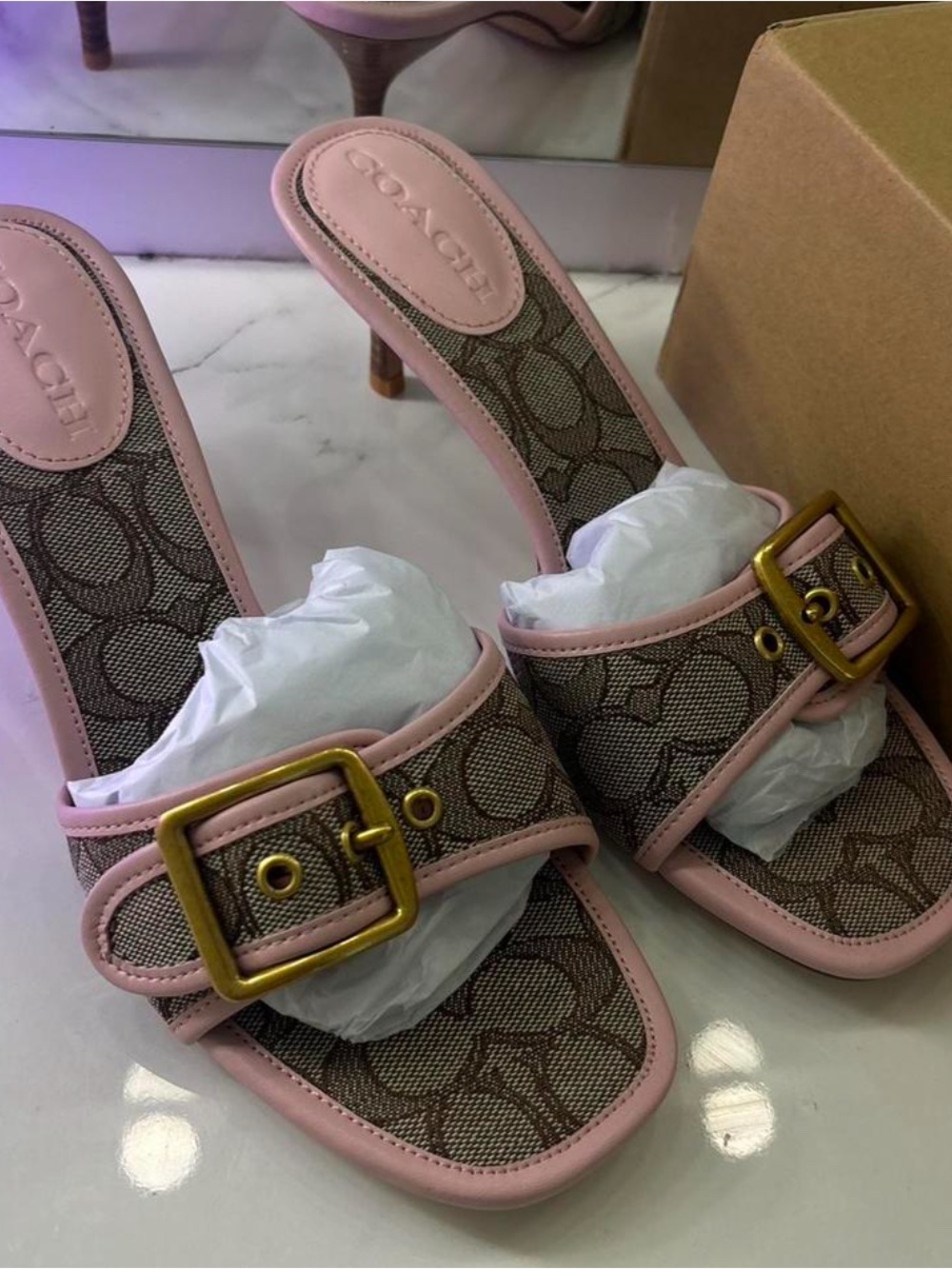 Coach Pink Trim Signature Canvas Buckle Mules